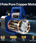 Go-To 110V 1/4 HP Single Stage Rotary Vane Vacuum Pump with 3.5 CFM, 4 pole motor, overlays highlighting performance specs.