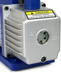 Close-up of 3.5 CFM Single Stage Rotary Vane Vacuum Pump For HVAC Auto AC Refrigerant Recharging With R134a, showing aluminum casing and oil sight glass.