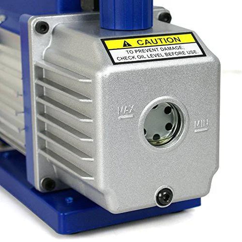 Close-up of 3.5 CFM Single Stage Rotary Vane Vacuum Pump For HVAC Auto AC Refrigerant Recharging With R134a, showing aluminum casing and oil sight glass.