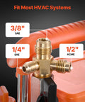 Pro Grade Two Stage Rotary Vane HVAC Vacuum Pump hose connections close-up.