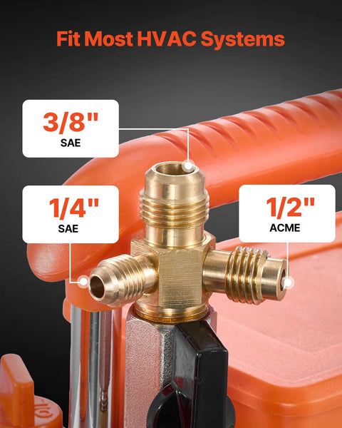 Pro Grade Two Stage Rotary Vane HVAC Vacuum Pump hose connections close-up.