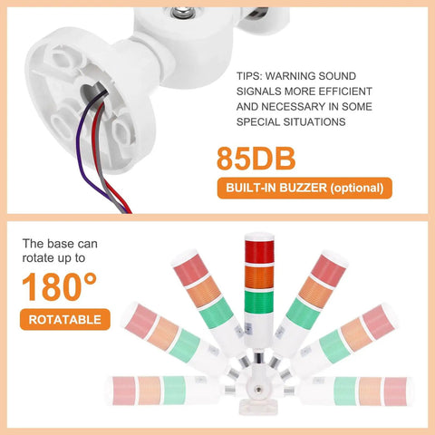 1 Layer LED Signal Warning Light Tower With Buzzer 12-24V 10A Column Stack Light showing rotatable base and optional buzzer feature.