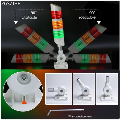 3 Layer LED Signal Tower Light With Rotatable Base And 85dB Buzzer, Industrial Warning Lamp, shown with rotatable base and tools.
