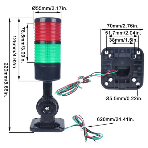 High Visibility Industrial Signal Tower Light with Rotatable Base and 2 Layer Stack Steady or Flashing LED Modes Ultra Low Power Consumption 100000 Hour Lifespan 110V 220V AC Compatible Black By Luban dimensions and design details