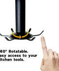 Close-up of 2 Pcs Under Cabinet Metal Utensil Hanger with 6 Rotatable Claws showing rotation feature and hand pointing at it