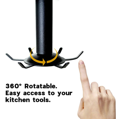 Close-up of 2 Pcs Under Cabinet Metal Utensil Hanger with 6 Rotatable Claws showing rotation feature and hand pointing at it