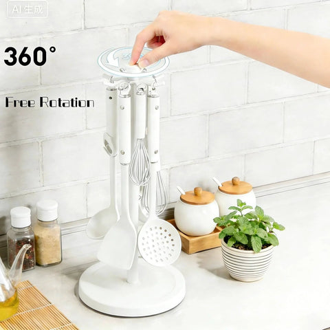 Kitchen Utensil Hanger Stainless Steel Utensil holder Rotatable Cooking Utensils Holder with 8 Hooks, Hanging Spoon Spatula Holder , White
