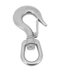 Front view of 1.3in stainless steel rotating clevis slip hook with latch, marine grade.