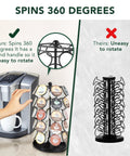Rotating Coffee Pod Carousel For K Cups Holds 35 Pods Spins 360 Degrees with easy-to-rotate handle, next to a fixed stand