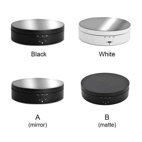 Four Motorized 360 Degree Rotating Display Stands for Jewelry and Collectibles in black, white, mirror, and matte finish