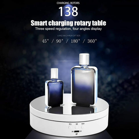 Motorized 360 Degree Rotating Display Stand for Jewelry and Collectibles with bottles on turntable