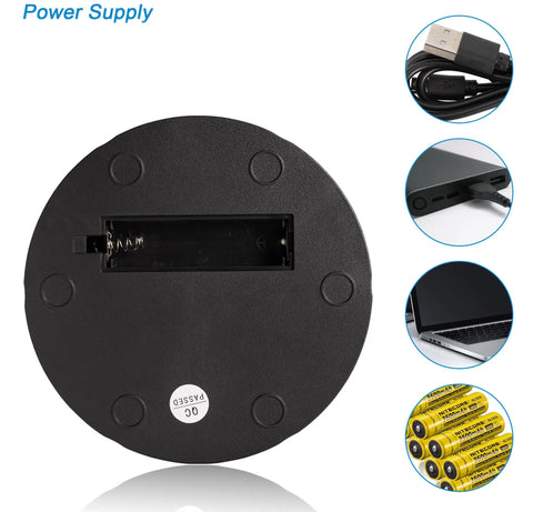 Bottom view of white rotating display stand with USB and battery power options shown, 5.7 inch turntable for showcasing products.