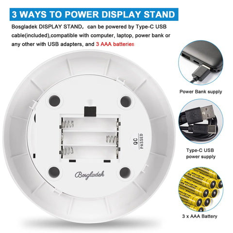 Back view of the Rotating Display Stand Turntable Six Point Three Inch Spinning Stand showing battery compartment and power options.