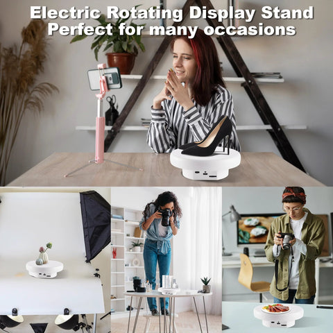 People using an electric rotating display stand showing a high heel, cake, and plant, ideal for product showcases, photography, and filming.