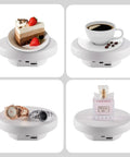 Rotating Display Stand Turntable Six Point Three Inch Spinning Stand For Jewelry Watches Cosmetics And Collectibles Ideal For Product Showcases Black Battery Powered With Non Rechargeable Batteries Included For Easy Display showcasing various items.