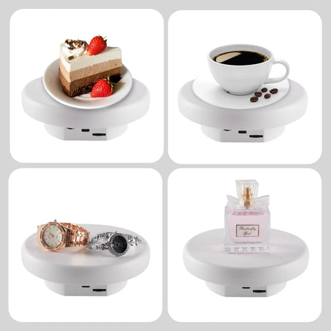 Rotating Display Stand Turntable Six Point Three Inch Spinning Stand For Jewelry Watches Cosmetics And Collectibles Ideal For Product Showcases Black Battery Powered With Non Rechargeable Batteries Included For Easy Display showcasing various items.
