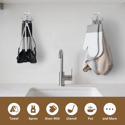 Kitchen Cooking Utensil Holder, 360° Rotating Kitchen Hooks for Hanging Utensils, heavy-duty metal rack with utensils and towels