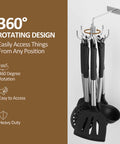 360° Rotating Kitchen Hooks with utensils, wall-mounted heavy-duty metal rack, 8 storage capacity, silver, front view