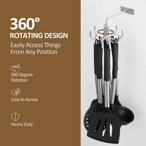 360° Rotating Kitchen Hooks with utensils, wall-mounted heavy-duty metal rack, 8 storage capacity, silver, front view
