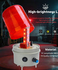 Rotating Red Industrial Warning Light With Adjustable Volume Siren And Buzzer 110V To 120V AC Public Emergency Alarm For Indoor Outdoor Use High Brightness LED Power Switch 24V Cord Included, shown in a warehouse setting, highlighting the LED and controls.