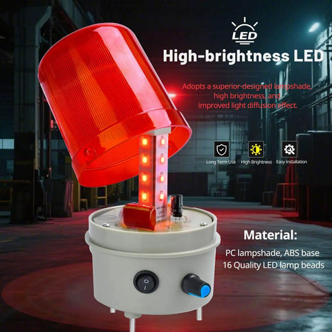 Rotating Red Industrial Warning Light With Adjustable Volume Siren And Buzzer 110V To 120V AC Public Emergency Alarm For Indoor Outdoor Use High Brightness LED Power Switch 24V Cord Included, shown in a warehouse setting, highlighting the LED and controls.