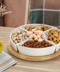 Divided Serving Dish Lazy Susan with 360 Degree Rotating Porcelain Tray on Bamboo Base and Five Removable Compartments Filled with Snacks