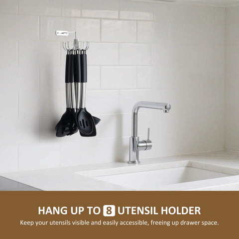 Kitchen Cooking Utensil Holder, 360° Rotating Kitchen Hooks for Hanging Utensils, metal rack wall-mounted above sink with utensils