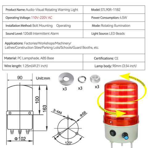 Rotating Red Industrial Warning Light With Adjustable Volume Siren And Buzzer 110V To 120V AC Public Emergency Alarm For Indoor Outdoor Use High Brightness LED Power Switch 24V Cord Included.