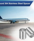 8Pcs M8 304 Stainless Steel Spacers Set, 8mm ID x 10mm OD x 12mm Length, shown with airplane on tarmac