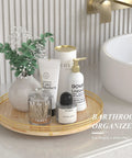 13 Inch Round Wooden Lazy Susan Turntable Organizer For Cabinet And Pantry Storage on bathroom countertop with toiletries.