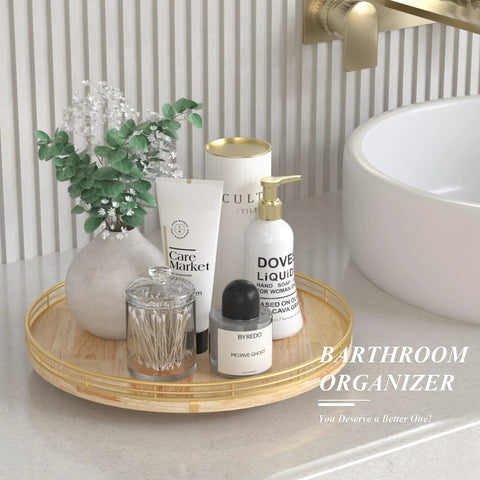 13 Inch Round Wooden Lazy Susan Turntable Organizer For Cabinet And Pantry Storage on bathroom countertop with toiletries.