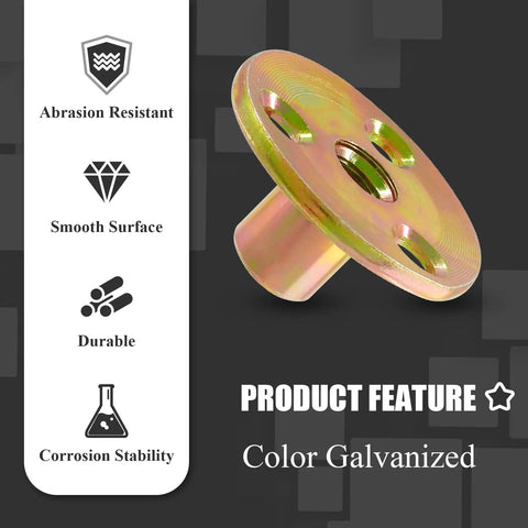 12 Pack Round Base T Nuts 1/4-20 Thread Screw-In Flange Inserts For Wood Furniture Hardware Carbon Steel Plate Nuts Female Thread T Nuts Indoor Outdoor Use Pro Grade Cabinets Shelves DIY Projects product feature showing color galvanized, abrasion resistance, smooth surface, durability, and corrosion stability
