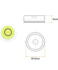 Diagram of Three Piece Round Bubble Level Set 12x6mm Mini Circular Bullseye Spirit Levels showing front and side views in lime.