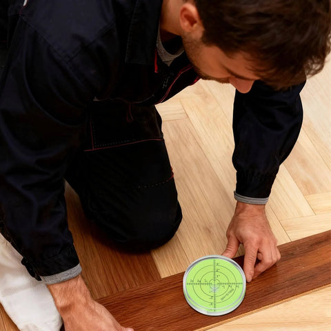 Person using one of ten pieces of round bubble levels in green for precise, quick leveling on workshop floor with PMMA and ABS casing.