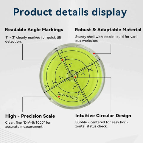 Round High Precision Pro Grade RV Leveling Bubble Level 2.4 Inch 60mm Cardan Ball Leveler with angle markings and circular design