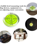 Six Piece Round Bubble Level Set Handy Pro Grade High Quality Circular Spirit Levels 32mm Diameter 7mm Height Yellow Green Color With Degree Markings For Precise Layout And Measuring For Woodworking And Construction shown installed on various surfaces.