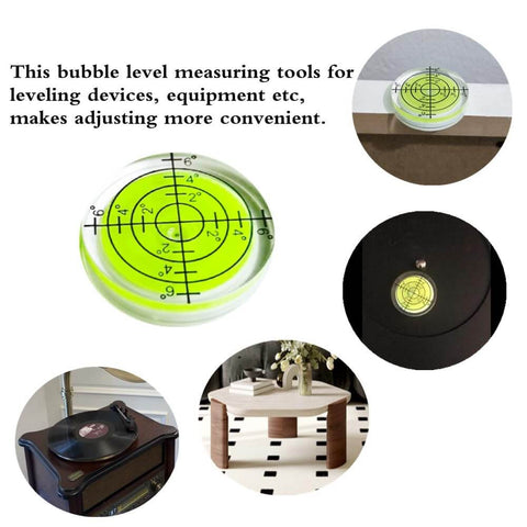 Six Piece Round Bubble Level Set Handy Pro Grade High Quality Circular Spirit Levels 32mm Diameter 7mm Height Yellow Green Color With Degree Markings For Precise Layout And Measuring For Woodworking And Construction shown installed on various surfaces.