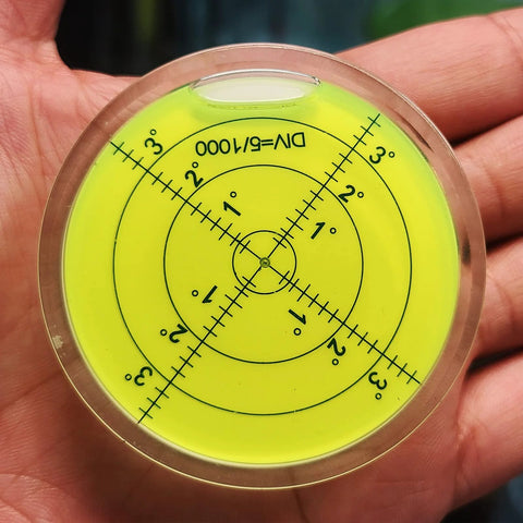 Magnetic Round Bubble Level Tool Pro Grade Bullseye Inclinometer for Machinists and DIY Enthusiasts Pocket 2.4 Inch 60mm with Clear Front Panel 0.32 Inch Per Degree Sensitivity RV Camper Trailer Leveling Magnet Table Post Indicators, yellow acrylic, handheld view