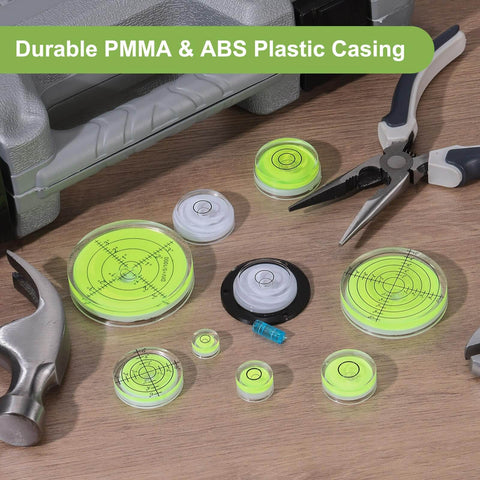 Ten pieces of round bubble levels in green for precise, quick leveling on cameras, tripods, telescopes, and workshop setups