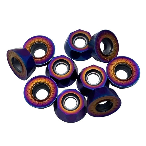 Nine vibrant carbide inserts from Five Eighths Inch And Three Quarters Inch Lathe Turning Holders Set with round RPMT08T2 RPMT10T3 WNMG432.