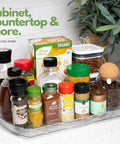 Rotating Refrigerator Lazy Susan Organizer Square For Large 16 Point 5 By 11 Inches Clear PET Turntable with condiments and jars