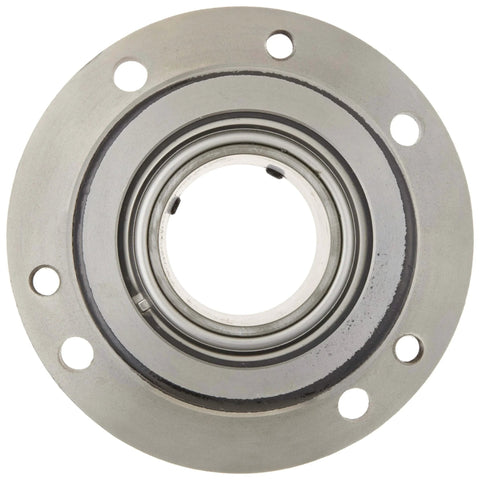 Round Flange Block With 4 Bolt Holes Relubricatable Non Expansion Cast Iron With Pilot Extension And Setscrew Locking Collar Inch Bore 2-15/16 Rexnord ZBR2215 For Heavy Radial And Thrust Loads on white background.