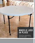 Heavy Duty Folding Table Caster Wheels Set With 3 Inch Locking Casters Elevates Height By 5 Inches installed on round table
