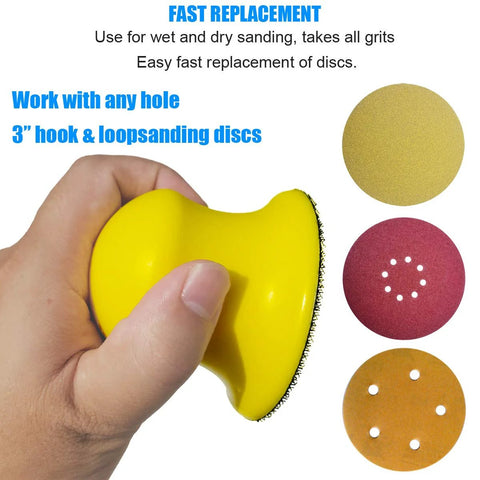 Hand holding yellow Round Hand Sanding Block for 3 Inch Hook and Loop Discs with various grit discs displayed alongside