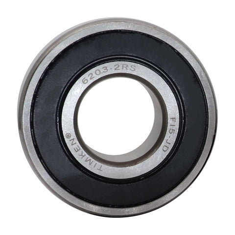 Close-up of a metallic bearing with visible model number 6203-2RS, suitable for machinery and industrial applications.