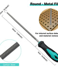 Round metal file from 4 Piece Metal File Set with 8 inch hand files and handles plus 12 sheets sandpaper for metalworking and shaping.