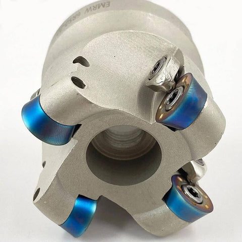 Close-up of Built Tough Round Milling Inserts With Interchangeable Face Milling Holder For Roughing And Finishing Steel GBJ EMRW 6R 50 22 4T Plus Four RDMT1204M0 ZM1135 R6 Inserts Plate Face Milling Cutter Tool Holder For 42CrMo Steel HRC48.