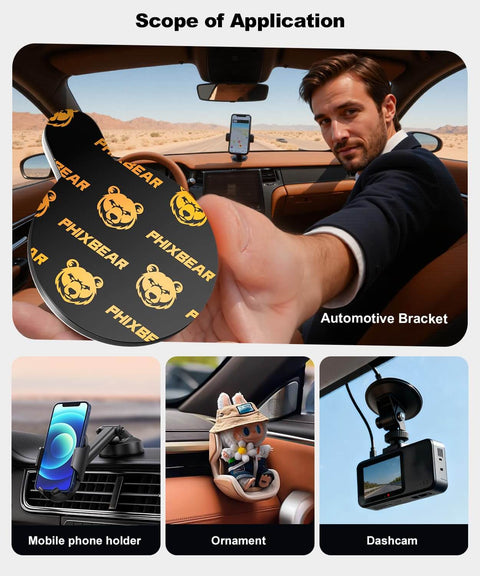 Beefed-Up Mounting Tape With Easy Peel Tabs, 1.57 Inch Round, Heavy Duty Double Sided Tape With Bonding Primer, shown in car use.