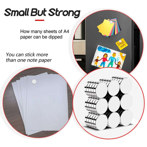Image showing 50 Pack Tiny Round Refrigerator Magnets 10x3mm used on fridge and paper stack, highlighting strong hold.