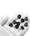 10 Pack Round Rubber Bumper Feet With Stainless Steel Washer And M3x10mm Phillips Screws held in gloved hand